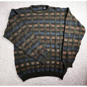 FENZIA Mens Sweater Crew Neck Pullover Sz Large Acrylic Basket Weave VTG 90s EUC